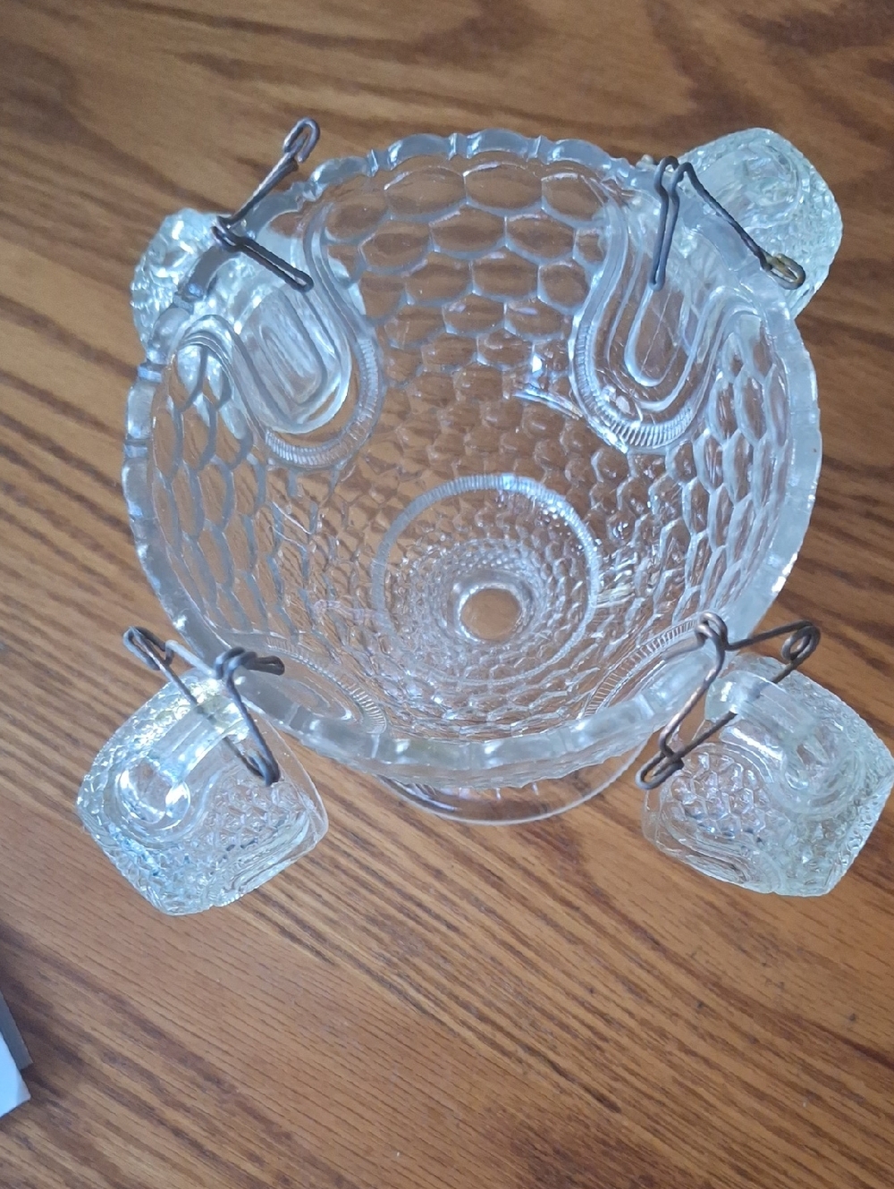 WABASH TOY  CHILDS   Clear Pressed Glass Punch Bowl Set w/ Hanging Cups. VINTAGE